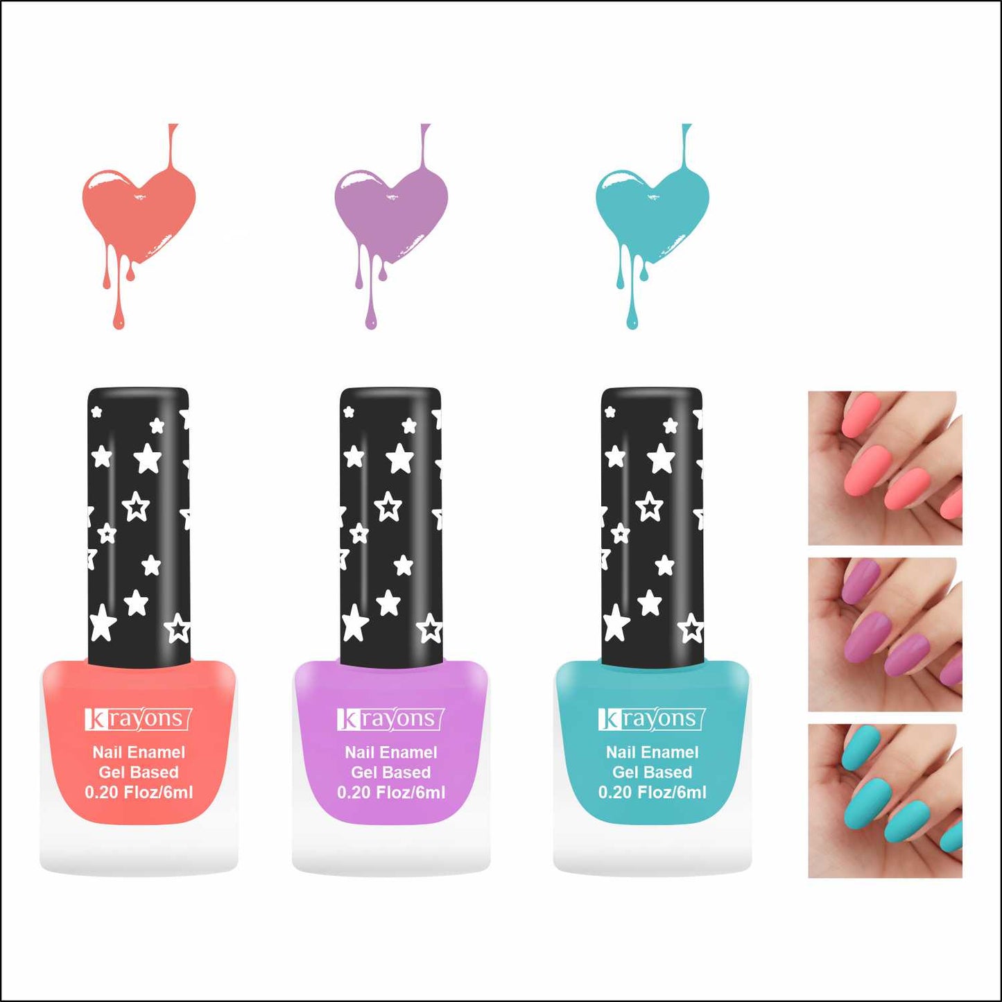 Krayons Cute Super Matte Finish Nail Enamel, Quick Dry, LongLasting, Blossom Peach, Plum Matte, Cyan Matte, 6ml Each (Pack of 3)