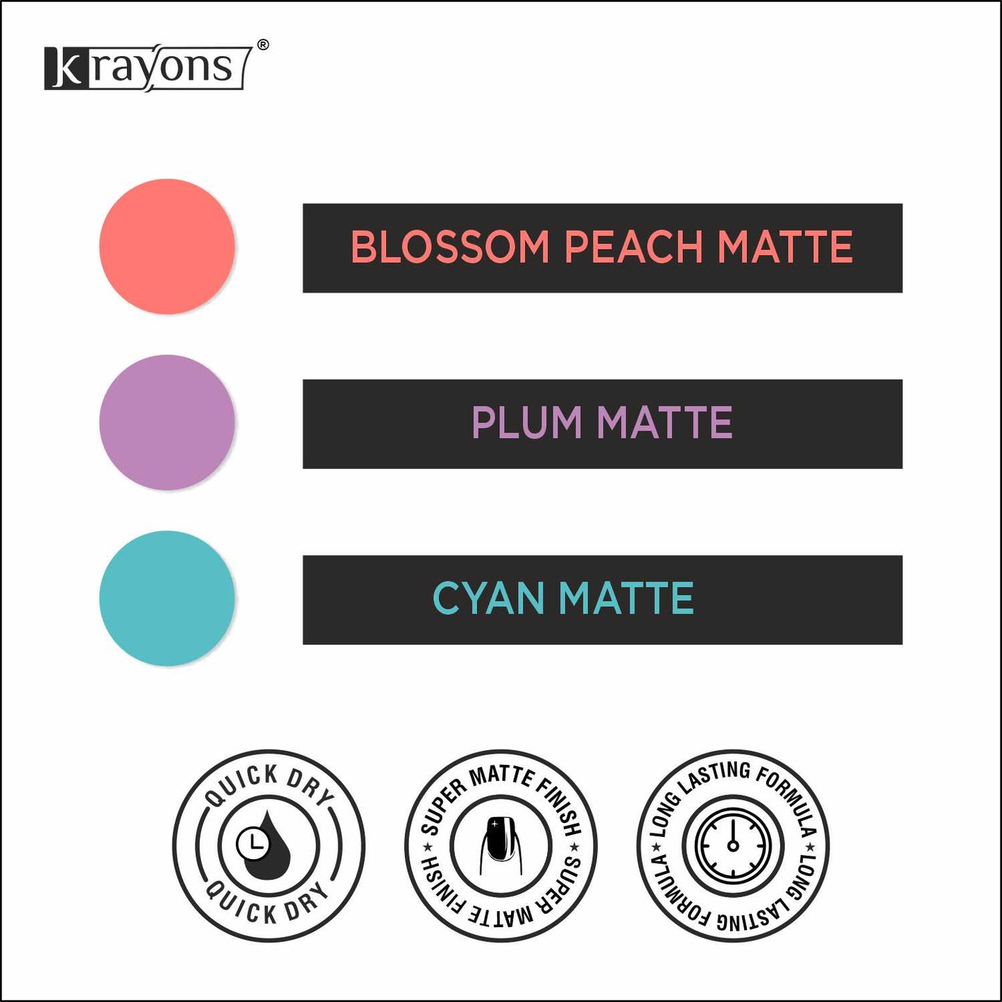 Krayons Cute Super Matte Finish Nail Enamel, Quick Dry, LongLasting, Blossom Peach, Plum Matte, Cyan Matte, 6ml Each (Pack of 3)