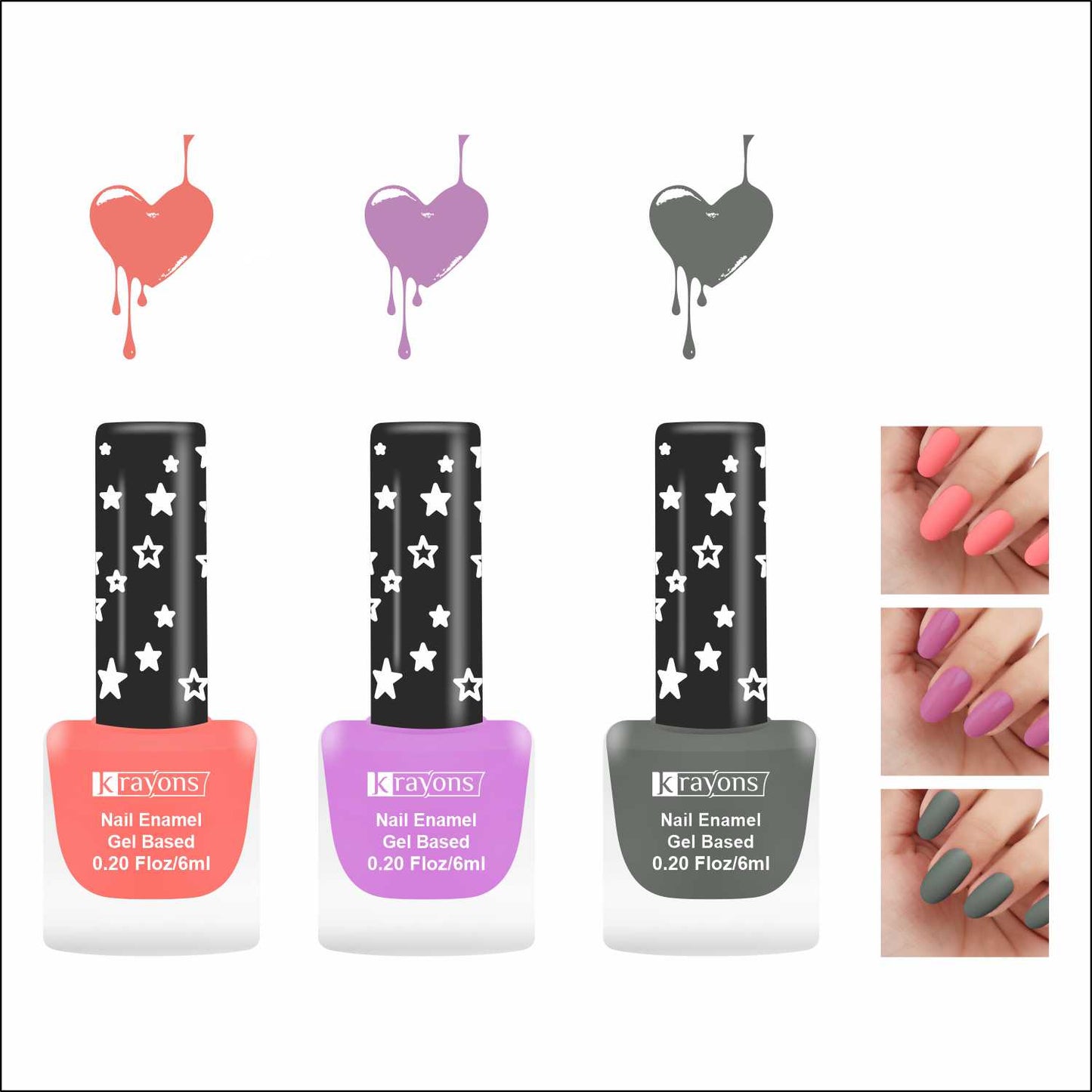 Krayons Cute Super Matte Finish Nail Enamel, Quick Dry, LongLasting, Blossom Peach, Plum Matte, Charcoal Grey, 6ml Each (Pack of 3)