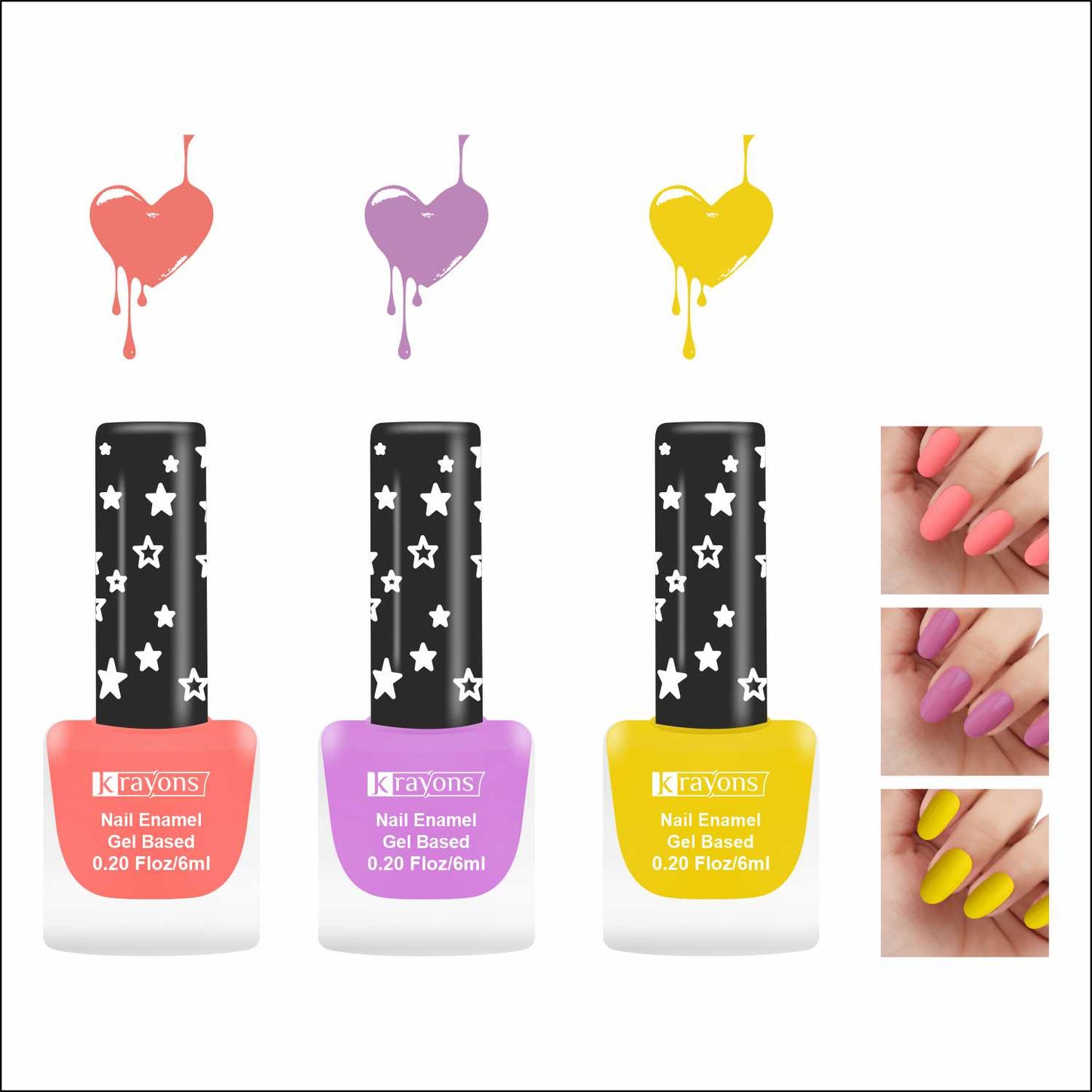 Krayons Cute Super Matte Finish Nail Enamel, Quick Dry, LongLasting, Blossom Peach, Plum Matte, Lemon Yellow, 6ml Each (Pack of 3)