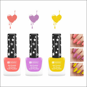 Krayons Cute Super Matte Finish Nail Enamel, Quick Dry, LongLasting, Blossom Peach, Plum Matte, Lemon Yellow, 6ml Each (Pack of 3)