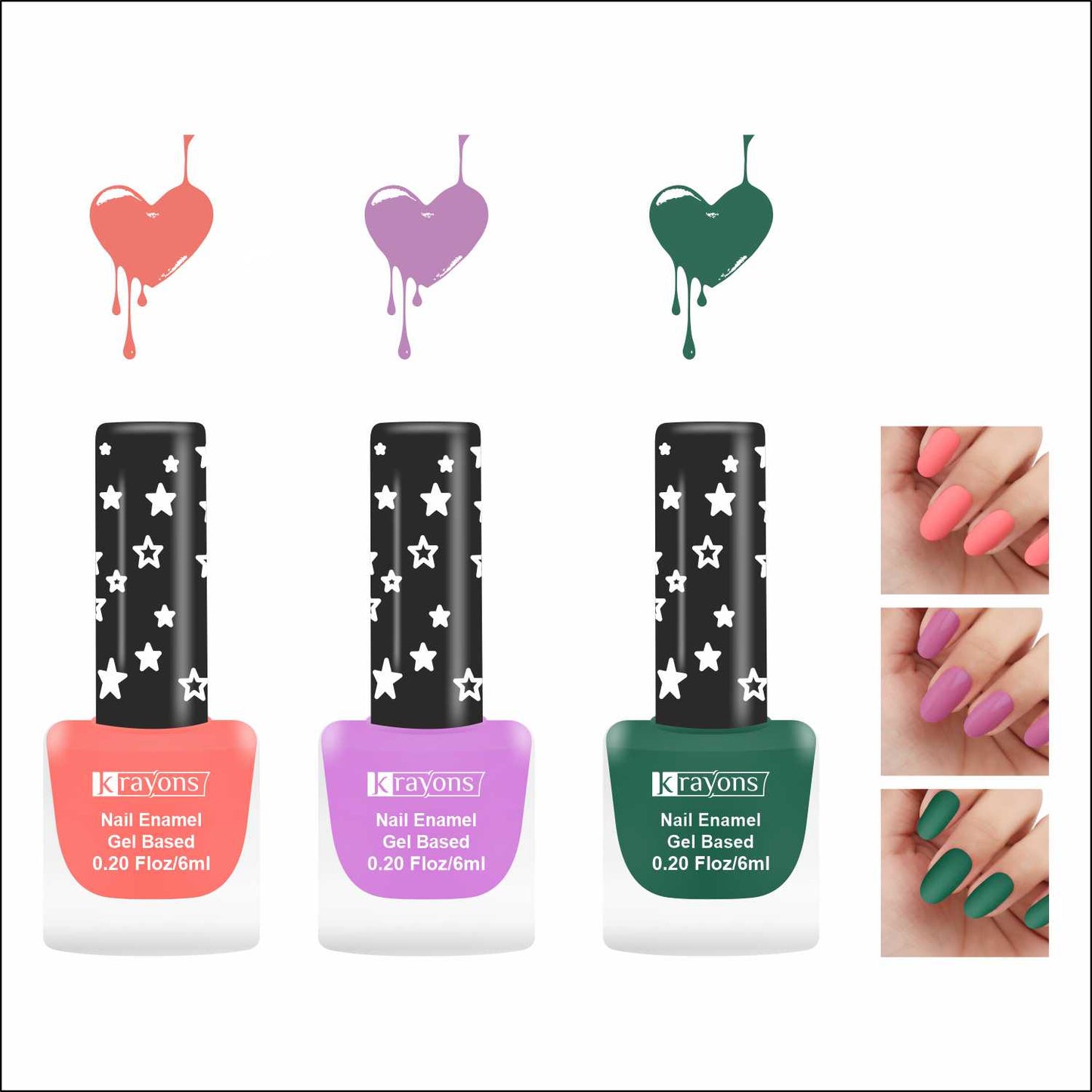 Krayons Cute Super Matte Finish Nail Enamel, Quick Dry, LongLasting, Blossom Peach, Plum Matte, Forest Green, 6ml Each (Pack of 3)