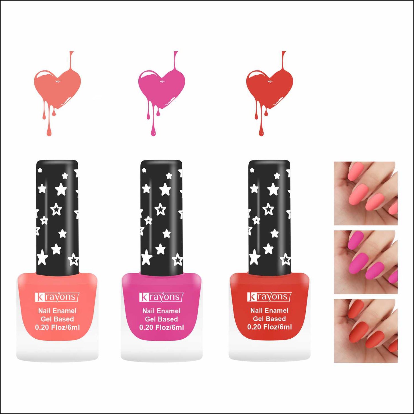 Krayons Cute Super Matte Finish Nail Enamel, Quick Dry, LongLasting, Blossom Peach, Hot Pink, Ruby Red, 6ml Each (Pack of 3)