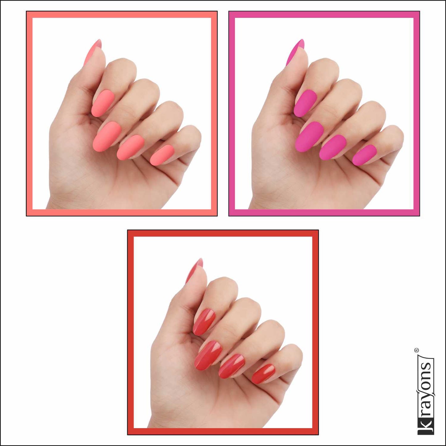 Krayons Cute Super Matte Finish Nail Enamel, Quick Dry, LongLasting, Blossom Peach, Hot Pink, Ruby Red, 6ml Each (Pack of 3)