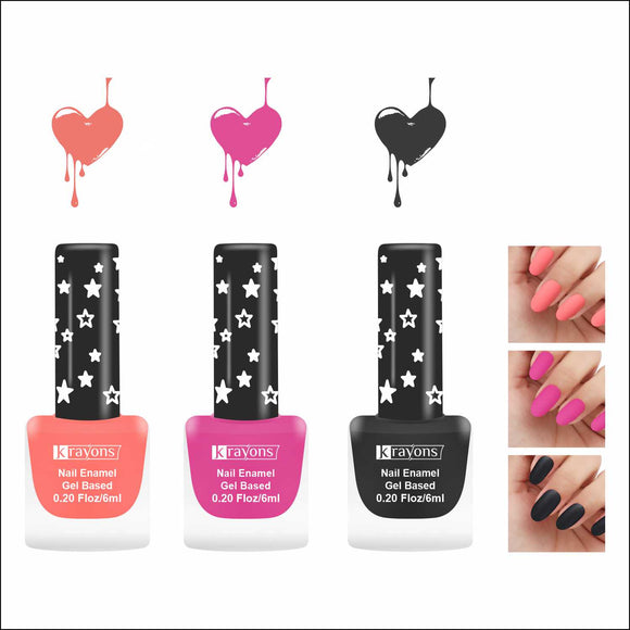 Krayons Cute Super Matte Finish Nail Enamel, Quick Dry, LongLasting, Blossom Peach, Hot Pink, Black Magnet, 6ml Each (Pack of 3)