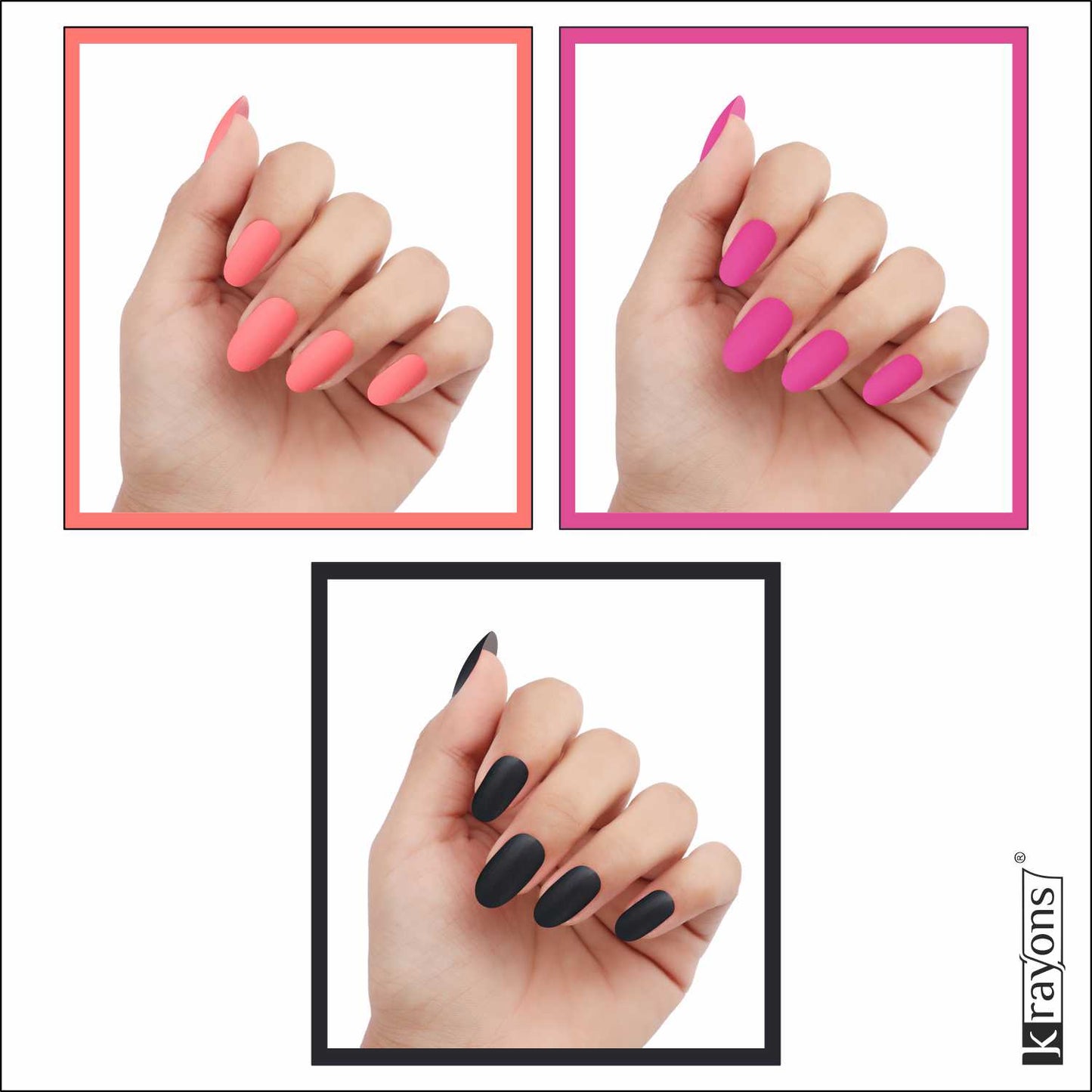 Krayons Cute Super Matte Finish Nail Enamel, Quick Dry, LongLasting, Blossom Peach, Hot Pink, Black Magnet, 6ml Each (Pack of 3)