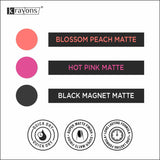 Krayons Cute Super Matte Finish Nail Enamel, Quick Dry, LongLasting, Blossom Peach, Hot Pink, Black Magnet, 6ml Each (Pack of 3)