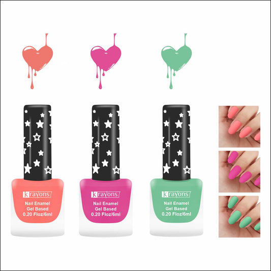Krayons Cute Super Matte Finish Nail Enamel, Quick Dry, LongLasting, Blossom Peach, Hot Pink, Mint Green, 6ml Each (Pack of 3)