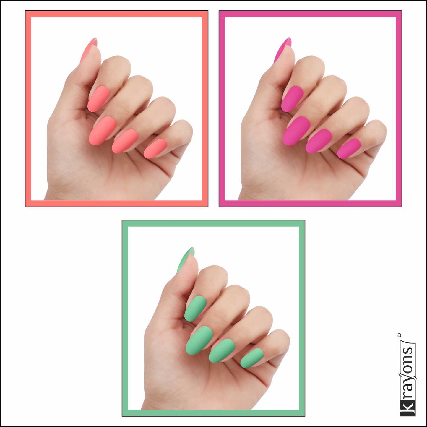 Krayons Cute Super Matte Finish Nail Enamel, Quick Dry, LongLasting, Blossom Peach, Hot Pink, Mint Green, 6ml Each (Pack of 3)