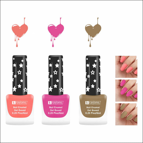 Krayons Cute Super Matte Finish Nail Enamel, Quick Dry, LongLasting, Blossom Peach, Hot Pink, Nude Beige, 6ml Each (Pack of 3)