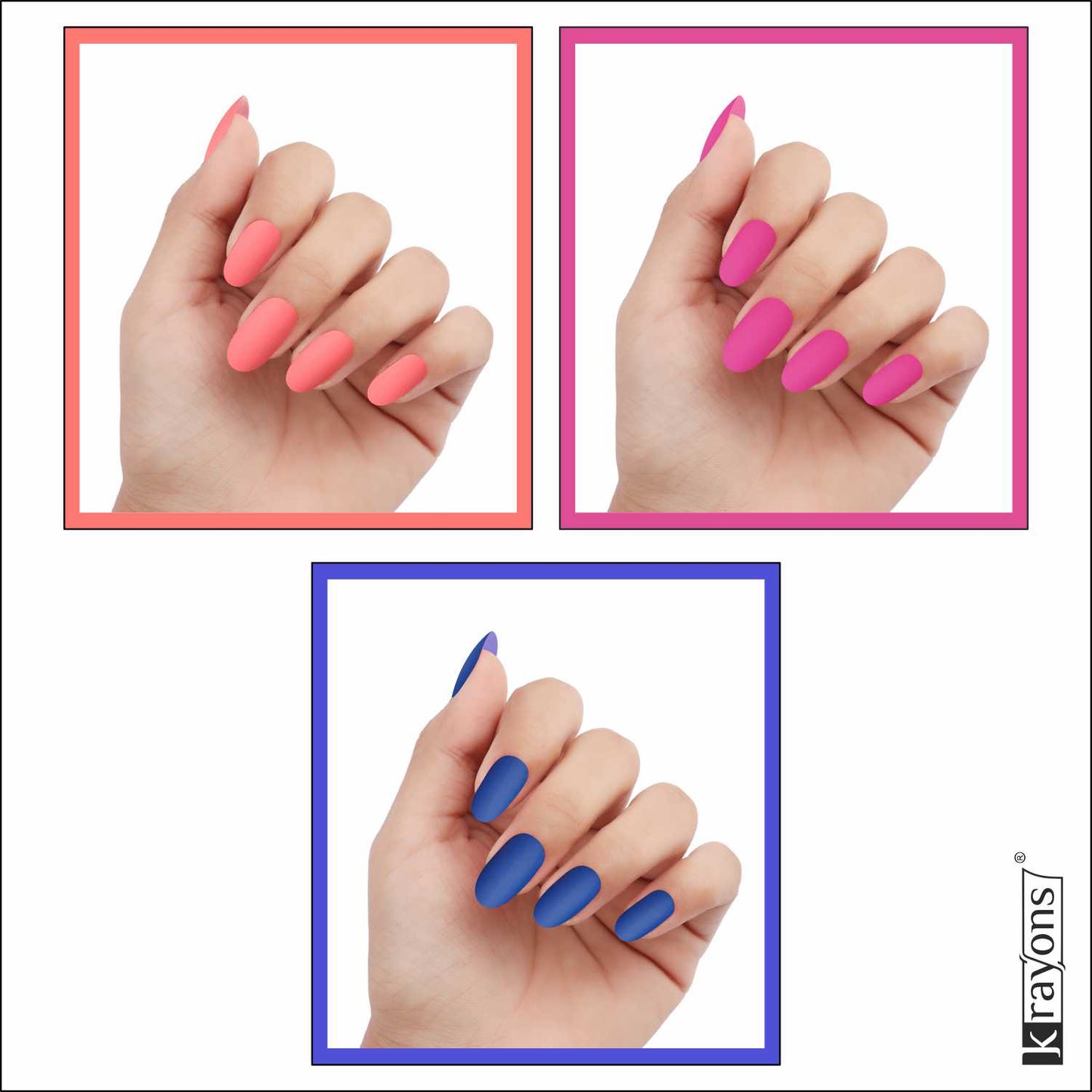 Krayons Cute Super Matte Finish Nail Enamel, Quick Dry, LongLasting, Blossom Peach, Hot Pink, Blue Ink, 6ml Each (Pack of 3)