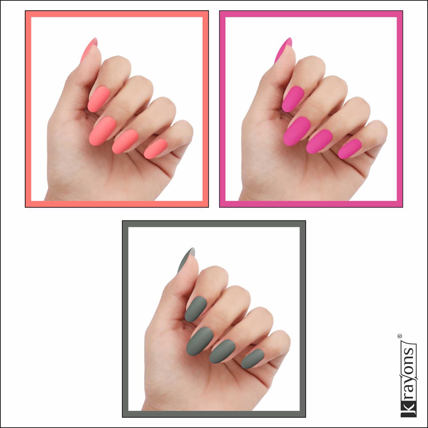 Krayons Cute Super Matte Finish Nail Enamel, Quick Dry, LongLasting, Blossom Peach, Hot Pink, Charcoal Grey, 6ml Each (Pack of 3)