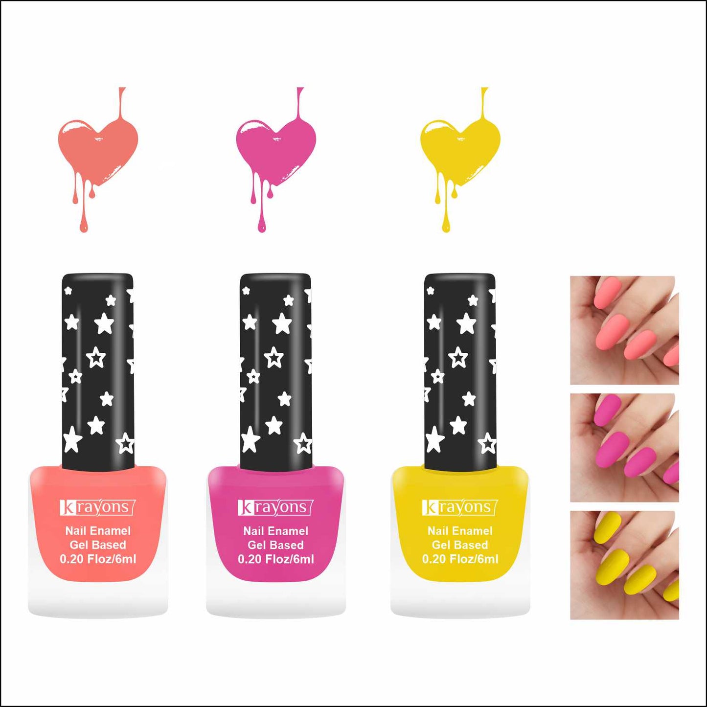 Krayons Cute Super Matte Finish Nail Enamel, Quick Dry, LongLasting, Blossom Peach, Hot Pink, Lemon Yellow, 6ml Each (Pack of 3)