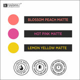 Krayons Cute Super Matte Finish Nail Enamel, Quick Dry, LongLasting, Blossom Peach, Hot Pink, Lemon Yellow, 6ml Each (Pack of 3)