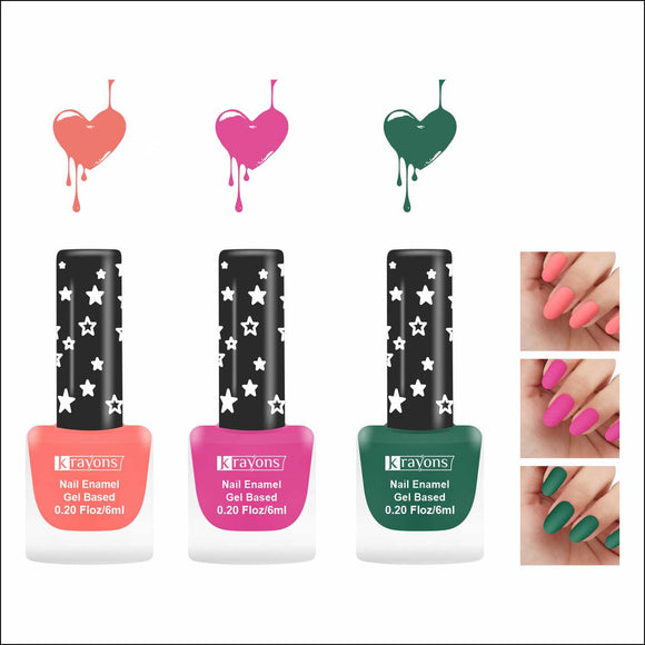 Krayons Cute Super Matte Finish Nail Enamel, Quick Dry, LongLasting, Blossom Peach, Hot Pink, Forest Green, 6ml Each (Pack of 3)