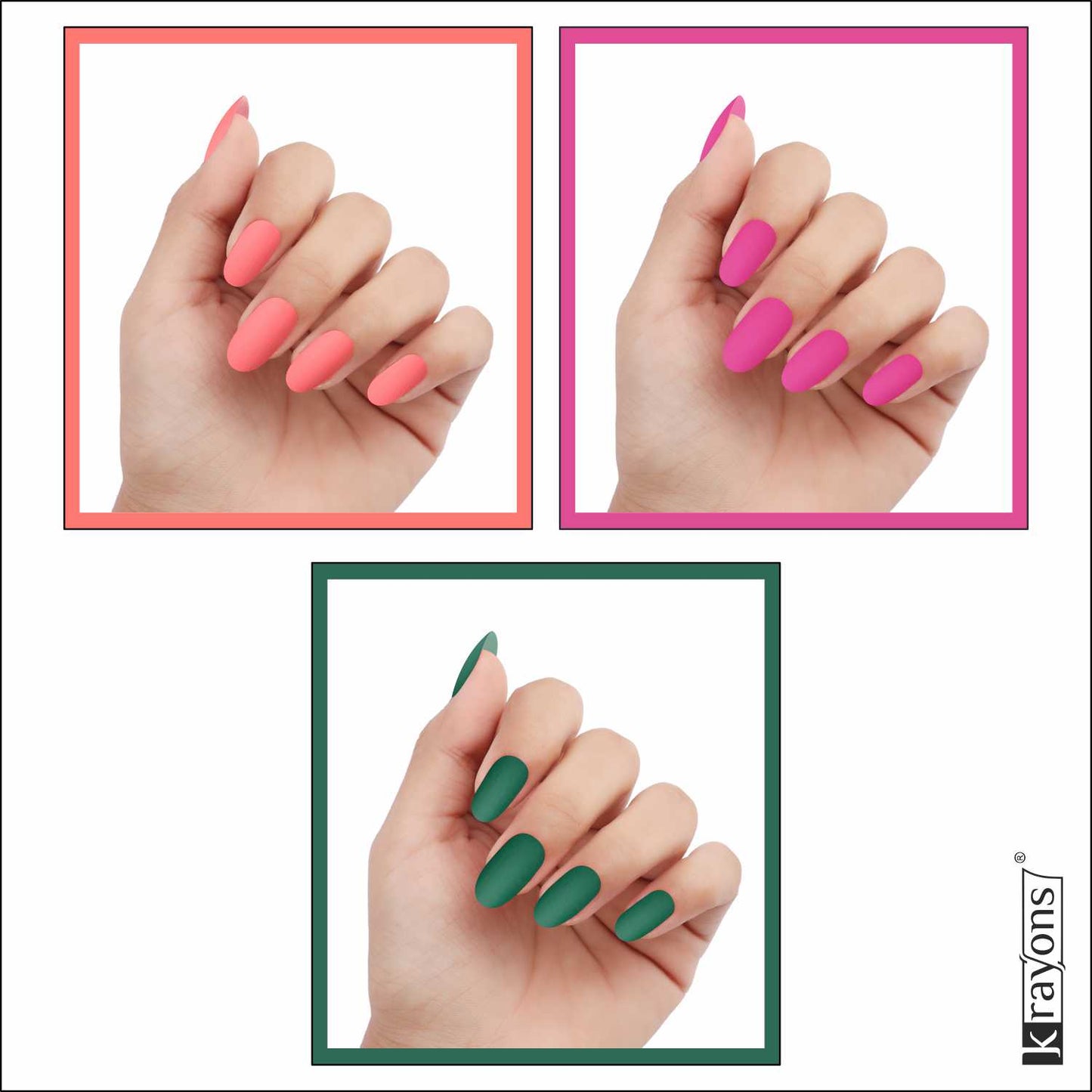 Krayons Cute Super Matte Finish Nail Enamel, Quick Dry, LongLasting, Blossom Peach, Hot Pink, Forest Green, 6ml Each (Pack of 3)