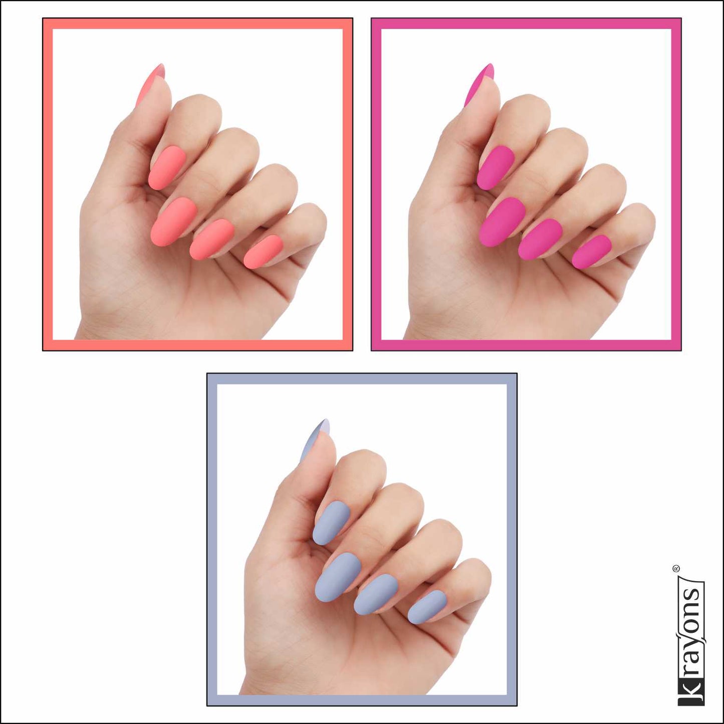 Krayons Cute Super Matte Finish Nail Enamel, Quick Dry, LongLasting, Blossom Peach, Hot Pink, Ice Matte, 6ml Each (Pack of 3)