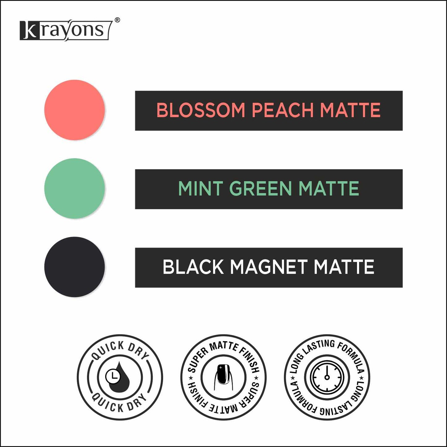 Krayons Cute Super Matte Finish Nail Enamel, Quick Dry, LongLasting, Blossom Peach, Mint Green, Black Magnet, 6ml Each (Pack of 3)
