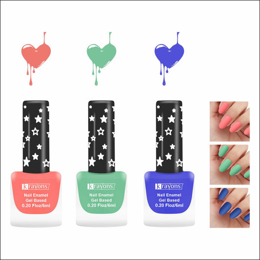 Krayons Cute Super Matte Finish Nail Enamel, Quick Dry, LongLasting, Blossom Peach, Mint Green, Blue Ink, 6ml Each (Pack of 3)