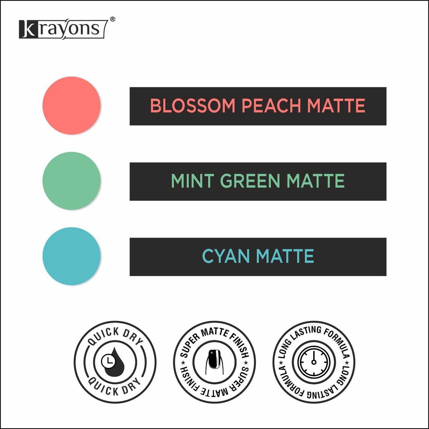 Krayons Cute Super Matte Finish Nail Enamel, Quick Dry, LongLasting, Blossom Peach, Mint Green, Cyan Matte, 6ml Each (Pack of 3)