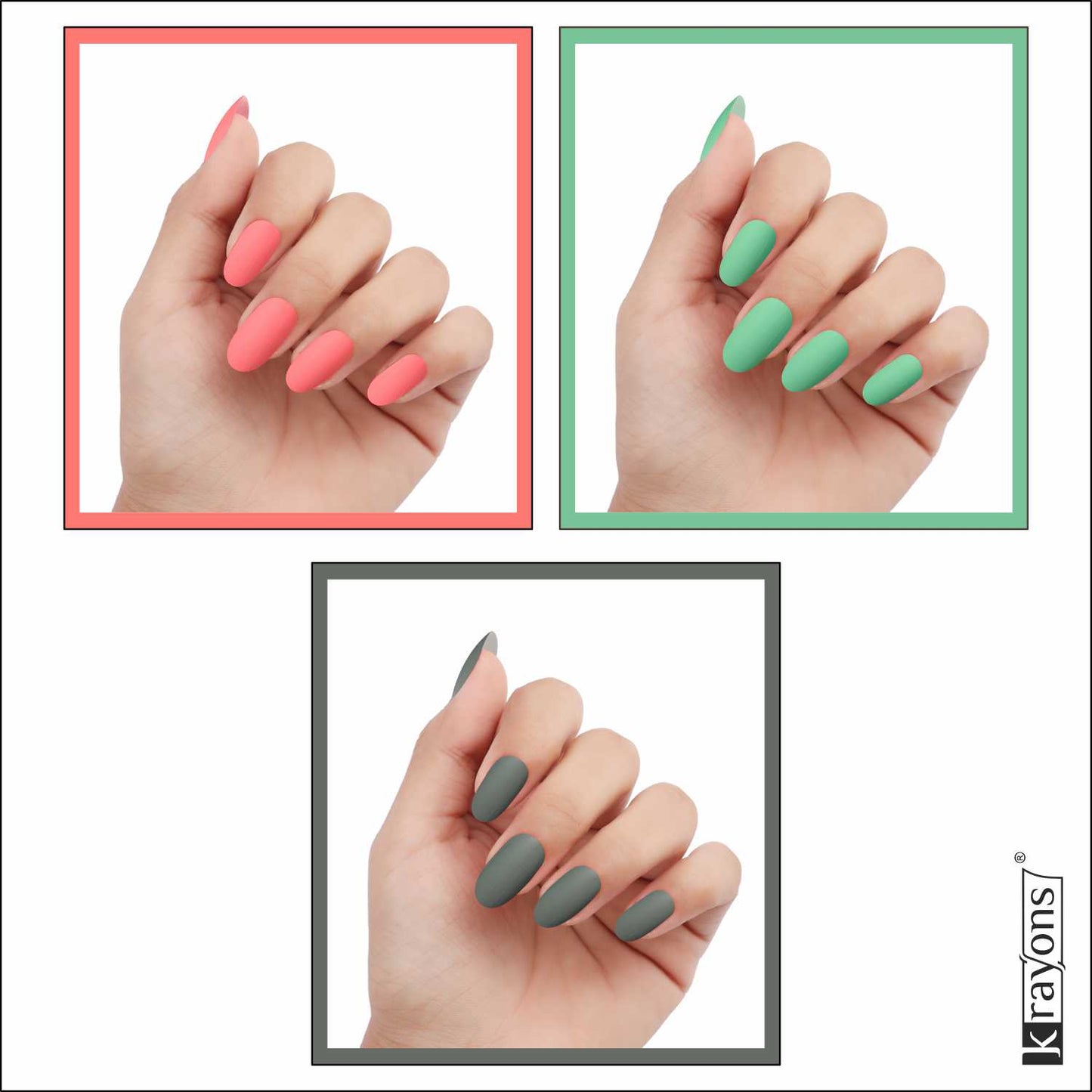 Krayons Cute Super Matte Finish Nail Enamel, Quick Dry, LongLasting, Blossom Peach, Mint Green, Charcoal Grey, 6ml Each (Pack of 3)