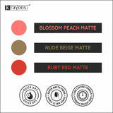 Krayons Cute Super Matte Finish Nail Enamel, Quick Dry, LongLasting, Blossom Peach, Nude Beige, Ruby Red, 6ml Each (Pack of 3)