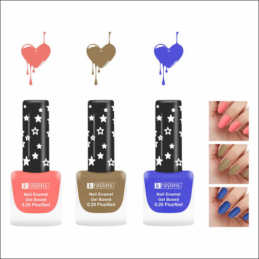 Krayons Cute Super Matte Finish Nail Enamel, Quick Dry, LongLasting, Blossom Peach, Nude Beige, Blue Ink, 6ml Each (Pack of 3)
