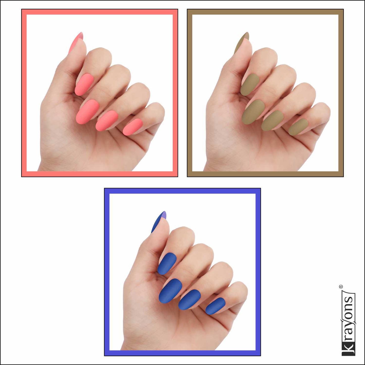 Krayons Cute Super Matte Finish Nail Enamel, Quick Dry, LongLasting, Blossom Peach, Nude Beige, Blue Ink, 6ml Each (Pack of 3)