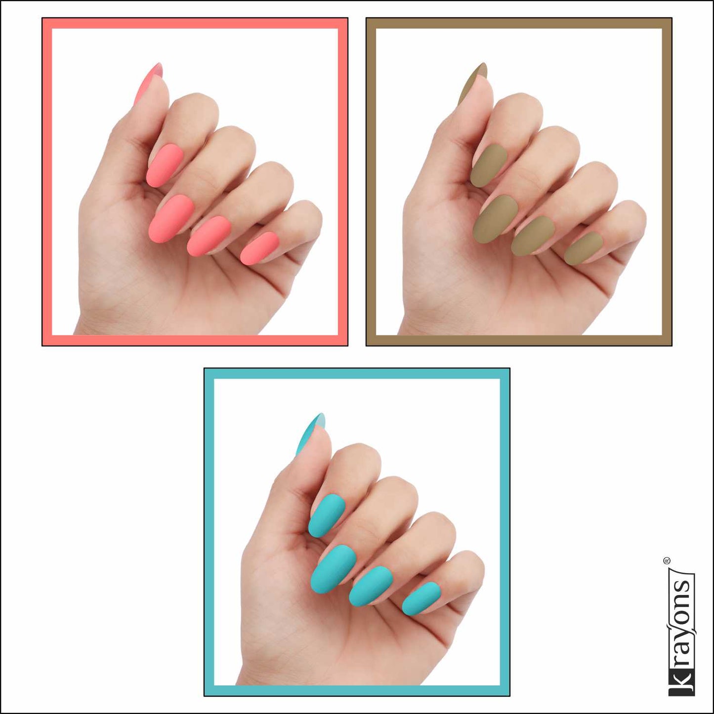 Krayons Cute Super Matte Finish Nail Enamel, Quick Dry, LongLasting, Blossom Peach, Nude Beige, Cyan Matte, 6ml Each (Pack of 3)