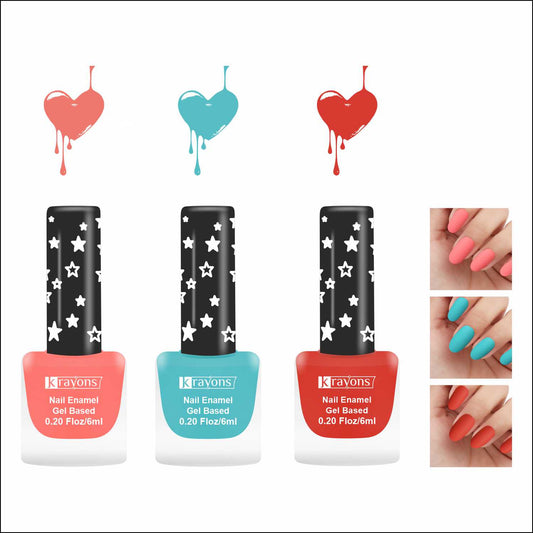 Krayons Cute Super Matte Finish Nail Enamel, Quick Dry, LongLasting, Blossom Peach, Cyan Matte, Ruby Red, 6ml Each (Pack of 3)