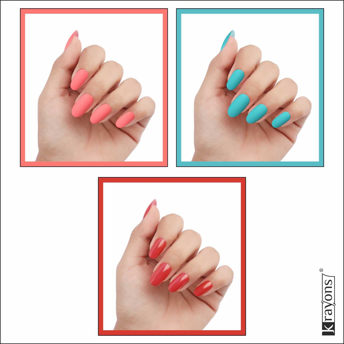 Krayons Cute Super Matte Finish Nail Enamel, Quick Dry, LongLasting, Blossom Peach, Cyan Matte, Ruby Red, 6ml Each (Pack of 3)