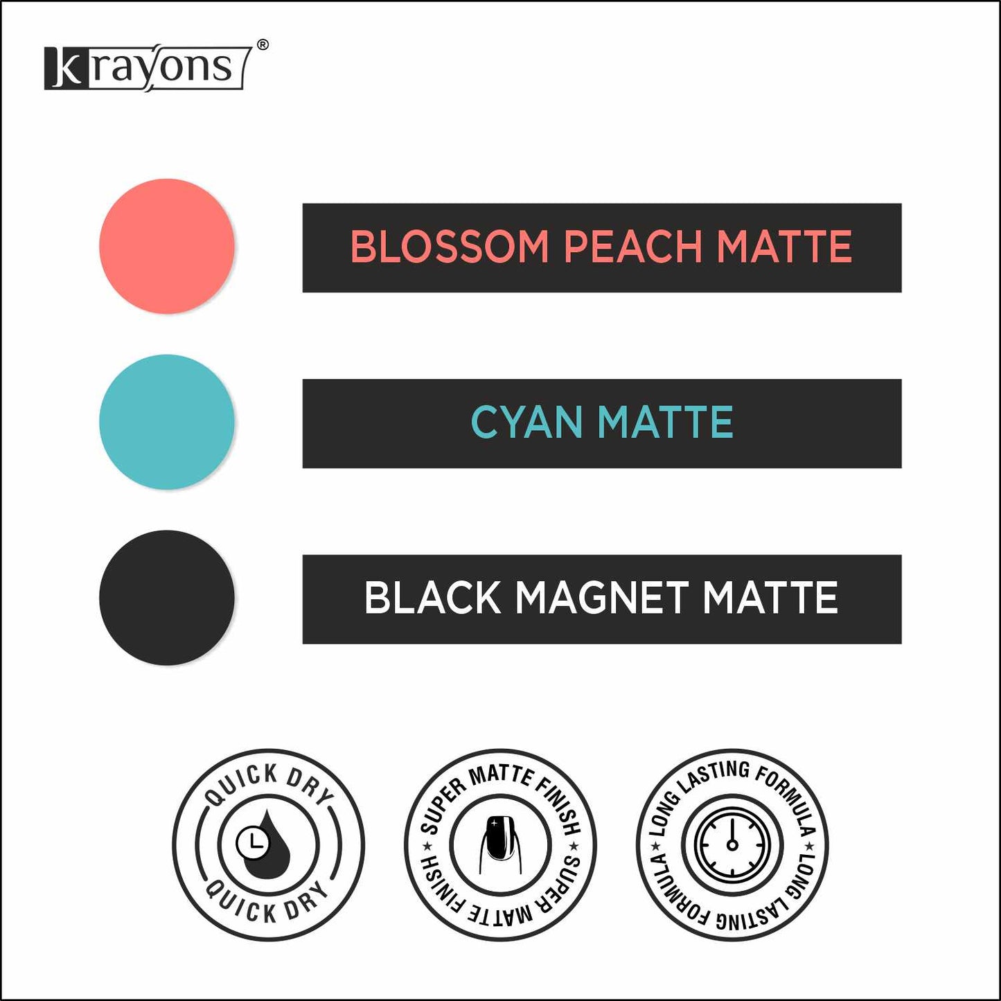 Krayons Cute Super Matte Finish Nail Enamel, Quick Dry, LongLasting, Blossom Peach, Cyan Matte, Black Magnet, 6ml Each (Pack of 3)