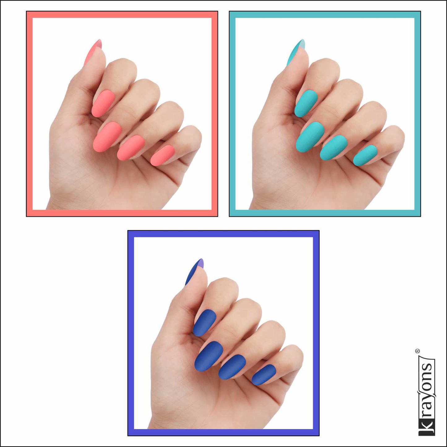 Krayons Cute Super Matte Finish Nail Enamel, Quick Dry, LongLasting, Blossom Peach, Cyan Matte, Blue Ink, 6ml Each (Pack of 3)