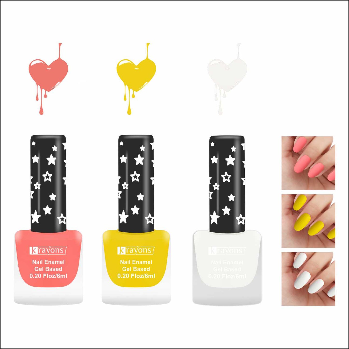 Krayons Cute Super Matte Finish Nail Enamel, Quick Dry, LongLasting, Blossom Peach, Lemon Yellow, Snow White, 6ml Each (Pack of 3)