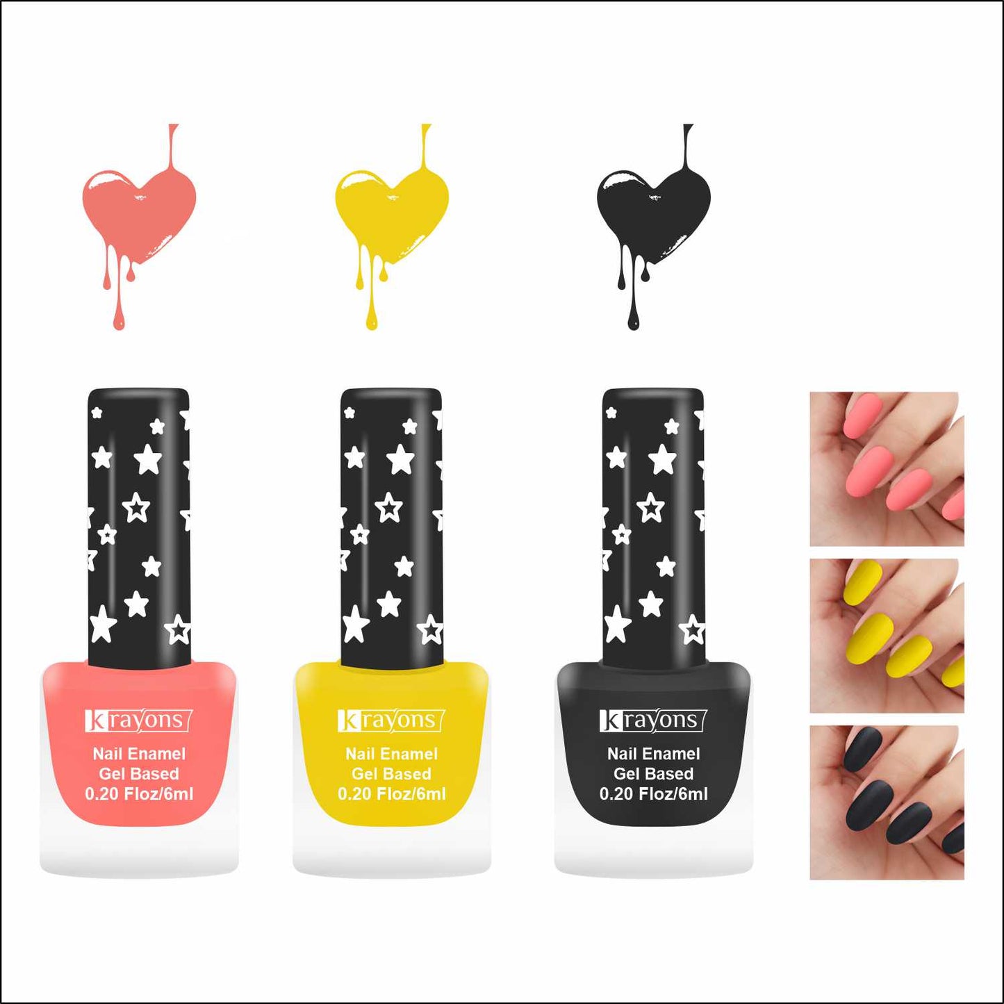 Krayons Cute Super Matte Finish Nail Enamel, Quick Dry, LongLasting, Blossom Peach, Lemon Yellow, Black Magnet, 6ml Each (Pack of 3)