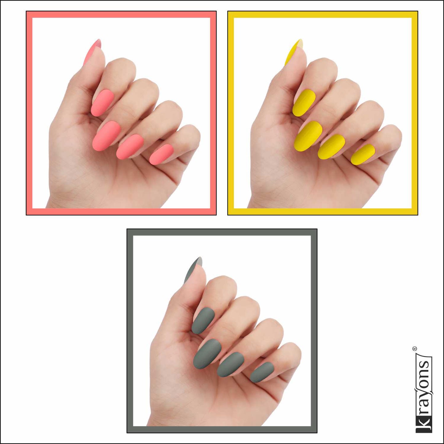 Krayons Cute Super Matte Finish Nail Enamel, Quick Dry, LongLasting, Blossom Peach, Lemon Yellow, Charcoal Grey, 6ml Each (Pack of 3)