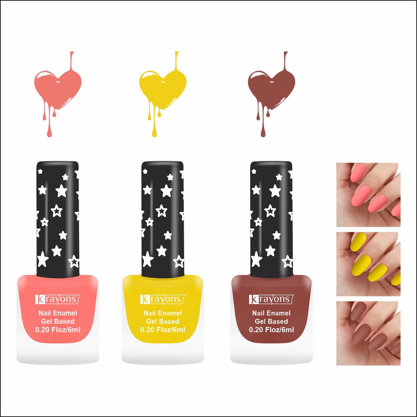 Krayons Cute Super Matte Finish Nail Enamel, Quick Dry, LongLasting, Blossom Peach, Lemon Yellow, Chestnut Matte, 6ml Each (Pack of 3)