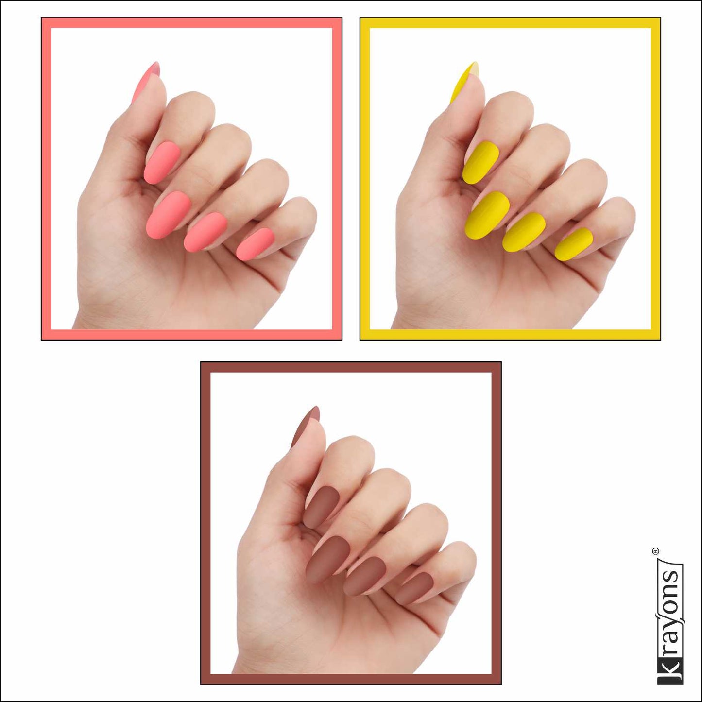 Krayons Cute Super Matte Finish Nail Enamel, Quick Dry, LongLasting, Blossom Peach, Lemon Yellow, Chestnut Matte, 6ml Each (Pack of 3)