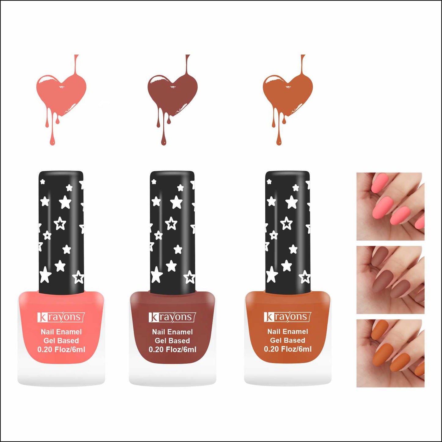 Krayons Cute Super Matte Finish Nail Enamel, Quick Dry, LongLasting, Blossom Peach, Chestnut Matte, Brick Orange, 6ml Each (Pack of 3)