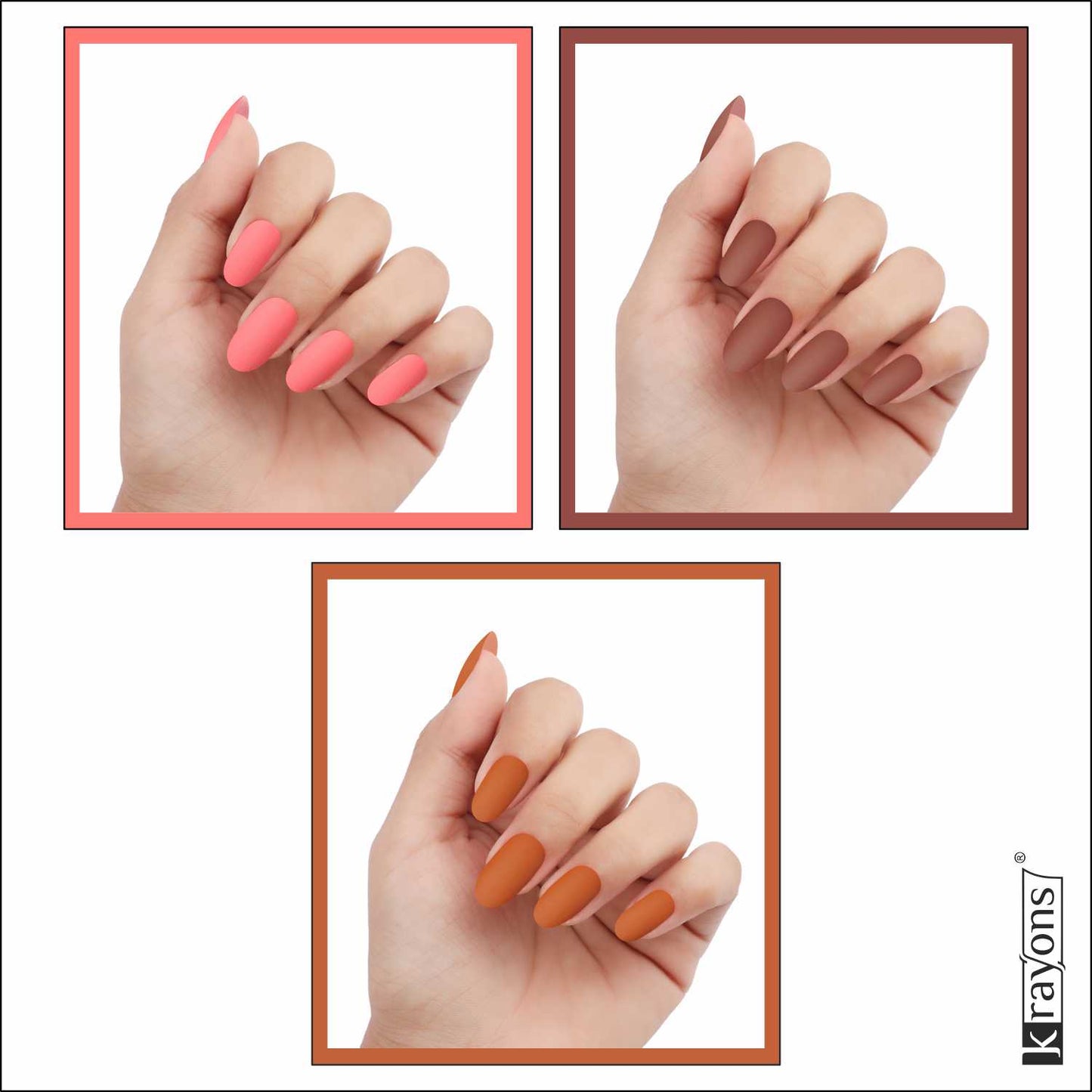 Krayons Cute Super Matte Finish Nail Enamel, Quick Dry, LongLasting, Blossom Peach, Chestnut Matte, Brick Orange, 6ml Each (Pack of 3)