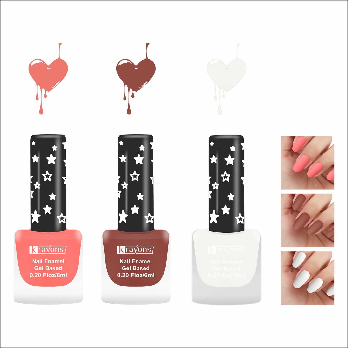 Krayons Cute Super Matte Finish Nail Enamel, Quick Dry, LongLasting, Blossom Peach, Chestnut Matte, Snow White, 6ml Each (Pack of 3)