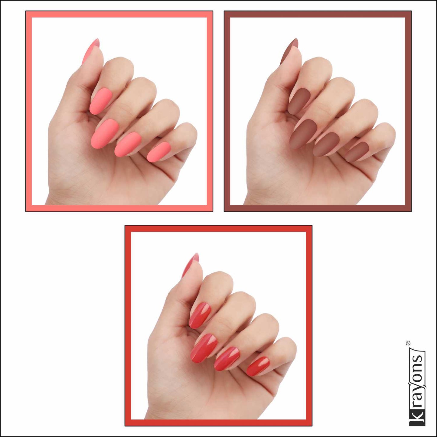 Krayons Cute Super Matte Finish Nail Enamel, Quick Dry, LongLasting, Blossom Peach, Chestnut Matte, Ruby Red, 6ml Each (Pack of 3)