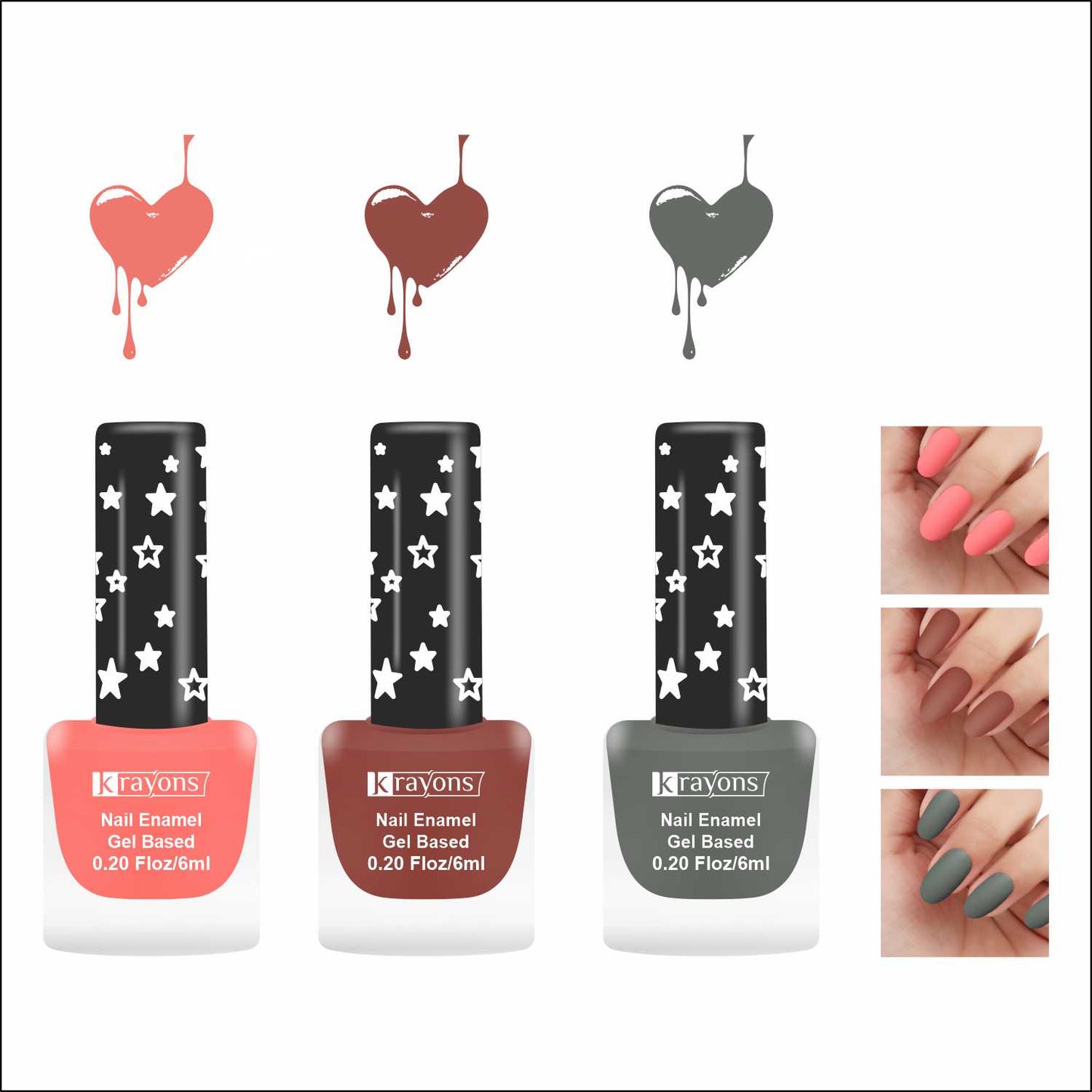 Krayons Cute Super Matte Finish Nail Enamel, Quick Dry, LongLasting, Blossom Peach, Chestnut Matte, Charcoal Grey, 6ml Each (Pack of 3)