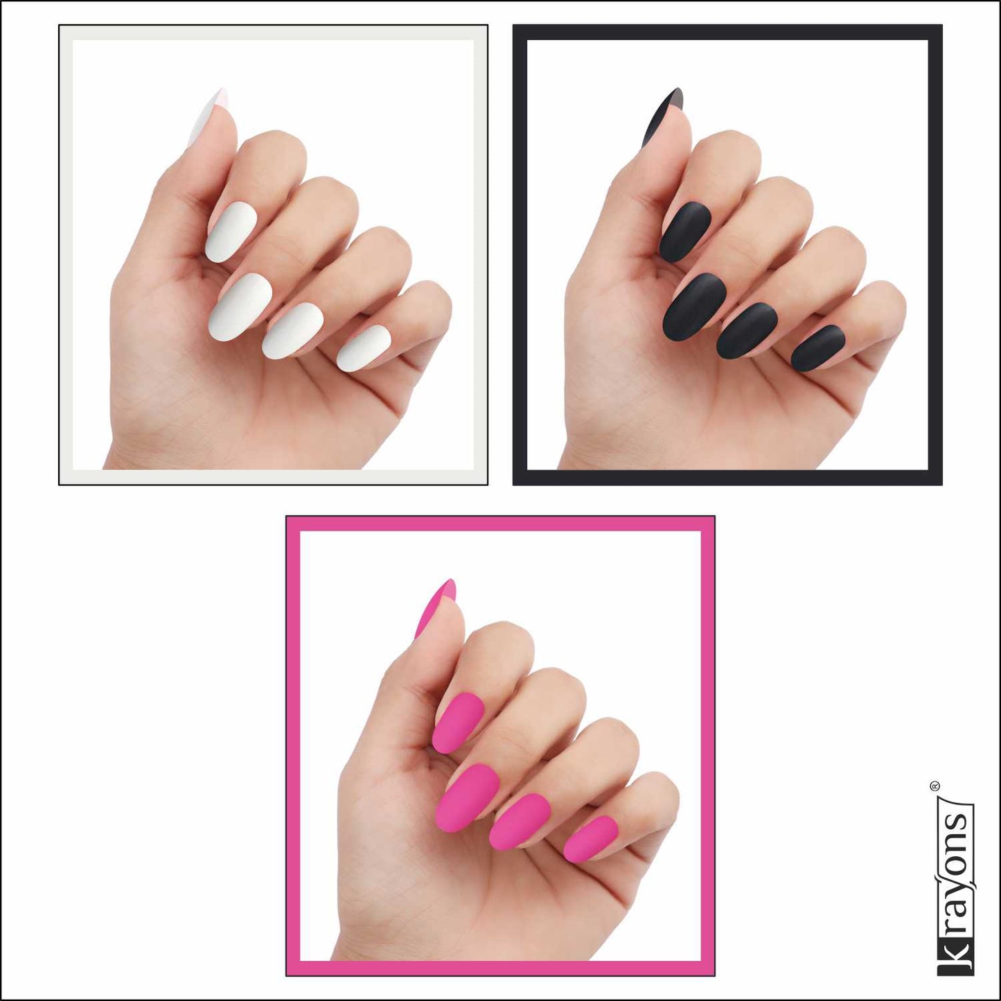 Krayons Cute Super Matte Finish Nail Enamel, Quick Dry, LongLasting, Snow White, Black Magnet, Hot Pink, 6ml Each (Pack of 3)