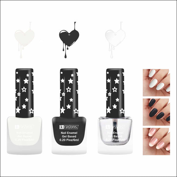 Krayons Cute Super Matte Finish Nail Enamel, Quick Dry, LongLasting, Snow White, Black Magnet, Top Coat, 6ml Each (Pack of 3)