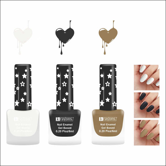 Krayons Cute Super Matte Finish Nail Enamel, Quick Dry, LongLasting, Snow White, Black Magnet, Nude Beige, 6ml Each (Pack of 3)