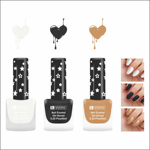Krayons Cute Super Matte Finish Nail Enamel, Quick Dry, LongLasting, Snow White, Black Magnet, Golden Matte, 6ml Each (Pack of 3)