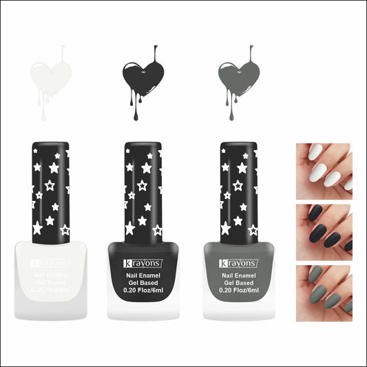 Krayons Cute Super Matte Finish Nail Enamel, Quick Dry, LongLasting, Snow White, Black Magnet, Charcoal Grey, 6ml Each (Pack of 3)