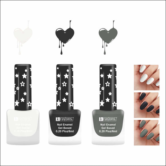 Krayons Cute Super Matte Finish Nail Enamel, Quick Dry, LongLasting, Snow White, Black Magnet, Charcoal Grey, 6ml Each (Pack of 3)