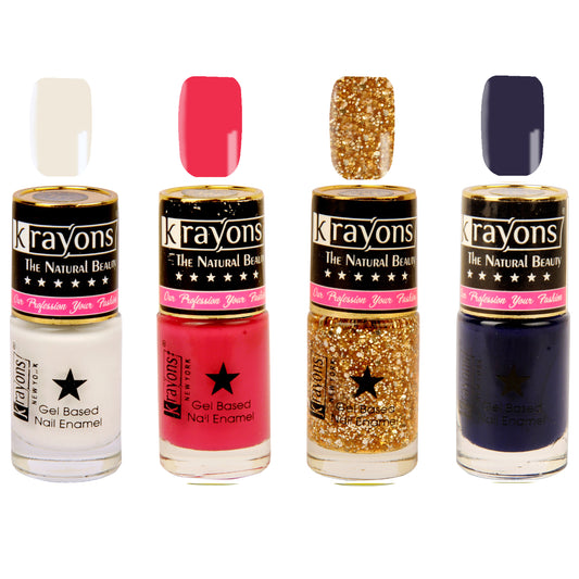 Krayons Gel Base Glossy Effect Nail Polish, Waterproof, Longlasting, Twilight Pink, Deep Blue, Shimmer Golden, White Canvas, 6ml Each (Pack of 4)